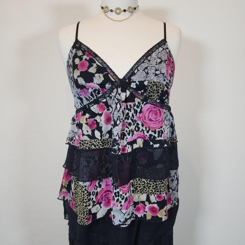 Express Floral‎ Animal Print Ruffle Cami Top Black Pink Sleeveless Sz 12